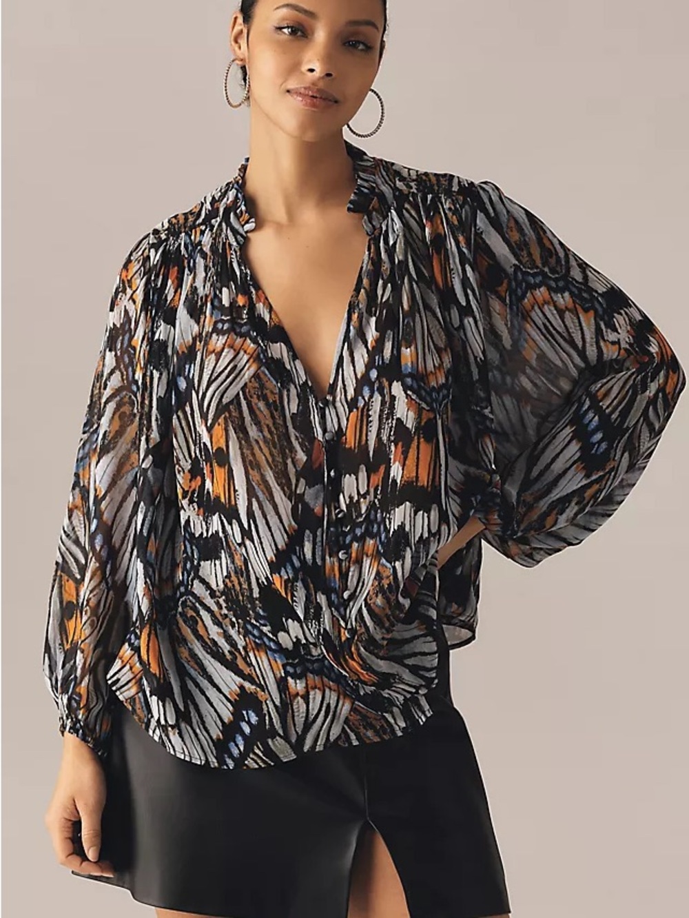 Anthropologie Sz M Estella Semi Sheer Abstract Butterfly Wings Blouse